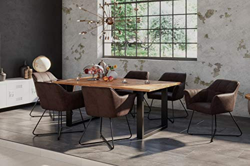 SAM 7tlg. Essgruppe Dora 140 x 80 cm, Mangoholz massiv & naturfarben, Baumkantentisch mit U-Metallgestell in Mattschwarz + 6X Stuhl Kirin in Wildleder-Optik