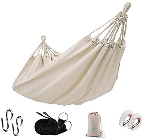 CASALIA Doppel-Hängematte aus hochwertiger Baumwolle, 280 cm x 150 cm, Hängematte für den Innen- und Außenbereich, Hängematte mit Camping-Set, Gurten, Haken und Karabiner in Tasche