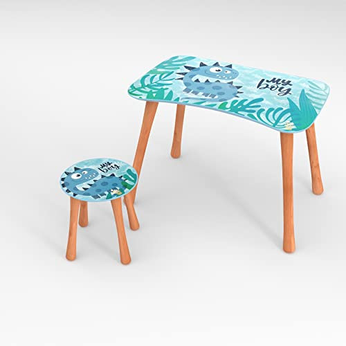 ANRO Kindertisch mit Stuhl Kindersitzgruppe Kinder Tisch Hocker Set Holz für Kleinkinder Motiv Dino für Jungs und Mädchen
