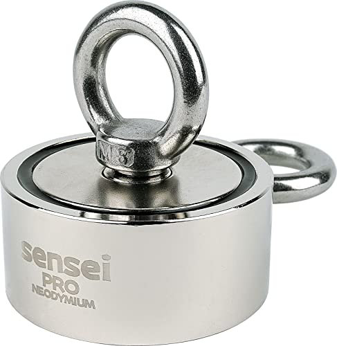 SENSEI Magnet 150 kg, Doppelseitiger Neodym-Magnet N52 mit 2 Ösen oben und seitlich, Ø6 x H2,7 cm