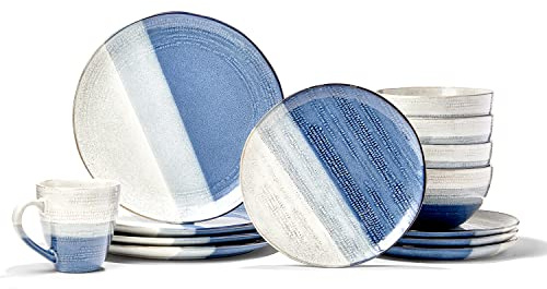 American Atelier Gaia Casual Round Dinnerware Set – 16-Piece Stoneware Dinner Party Collection w/ 4 Dinner Plates, 4 Salad Plates, 4 Bowls & 4 Mugs, Blue,7671-16-RB