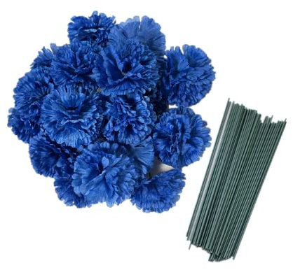 Rikyo Lot de 50 têtes de Fleurs d'œillets artificielles en Soie avec tiges, Remplissage de Vase,Corsage de Poignet Fait à la Main, têtes de pétales Multiples de 7,6 cm avec tiges de 20 cm (Bleu Roi)