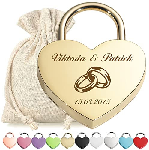 polar-effekt Herz Liebesschloss Gold mit personalisierter Gravur und Schlüssel - Motiv Ringe ineinander - Vorhängeschloss - Stoff-Geschenkbeutel - Jahrestag, Paar, Pärchen