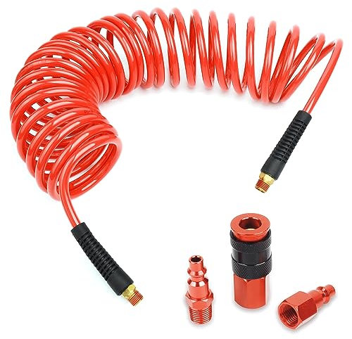 BLCH Bobina per tubo dell'aria a spirale, diametro interno 1/4 per 6,5 m di lunghezza, con limitatori di piegatura, tubo compressore d'aria con attacco rapido universale industriale da 1/4 e kit