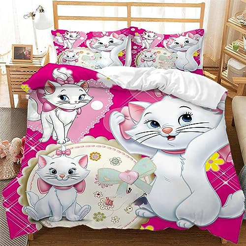 GYORI KinderBettwäsche Set Marie,Rosa Bettbezug135x200 cm,Kids Bettwäsche Kissenbezug 80 x 80 cm,matratzenschoner Cat,deko Zimmer mädchen pink (A,135x200+80x80cm)
