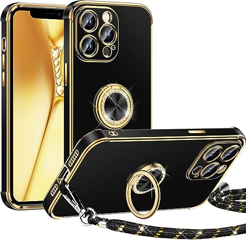 Miss Arts für iPhone 12 Pro Hülle mit Band, Ring Ständer Handykette Handyhülle Frauen Mädchen Dünn Stoßfeste Schutzhülle für iPhone 12 Pro Case Schwarz