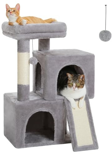 PETEPELA Árbol para gatos de 77 cm con condominios dobles para gatos de interior, torre pequeña para gatos con percha extraíble y almohadilla para rascar, color gris