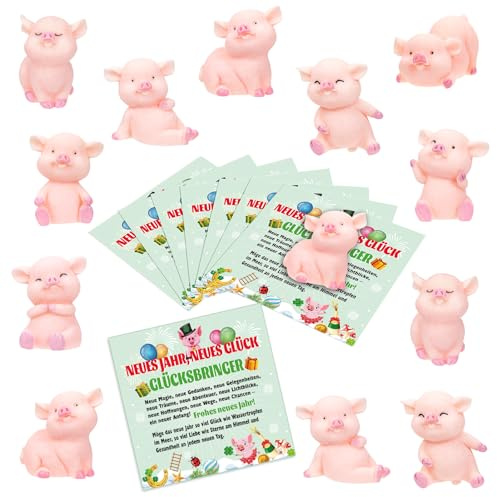 DPKOW 16 Stk Glücksbringer Silvester Glücksschweinchen Neujahrsglücksbringer Klein Glücksbringer Rosa Glücksschwein Mitbringsel Neujahr Geschenk Give-Away Neujahr Silvester deko, mit 8 Glückskarten