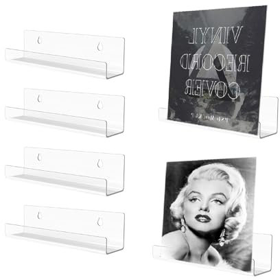 SubTack 4-Pack Acrylic Vinyl Record Shelves - Clear Wall-Mounted Album Record Holder Floating Vinyl Display Shelf with Accessories for Living Room Bedroom Office