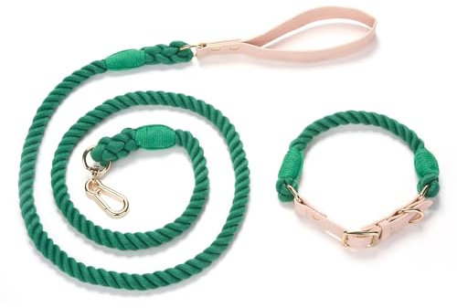 YUDOTE Dog Collar and Lead Matching Sets Hand-dyed Cotton Rope Leash 1.5m for Small Dogs Daily Use,Forest Green