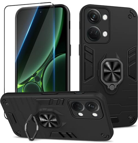 Btstring Coque pour OnePlus Nord 3 avec Verre Trempé, Etui de Protection Antichoc de Qualité Militaire, Housse avec Anneau Support Métallique, Noir