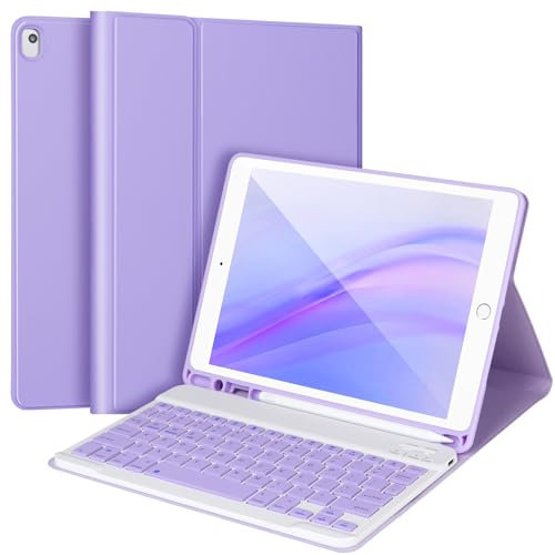 Custodia con tastiera per iPad 9/8/7a generazione da 10,2, con tastiera iPad da 10,2, tastiera Bluetooth staccabile per iPad 10.2, custodia per tastiera iPad 9a generazione con portamatite, viola
