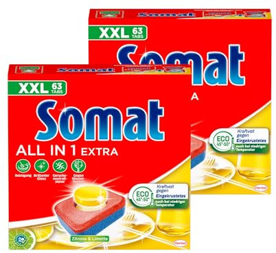Somat All in 1 Extra Zitrone & Limette Spülmaschinen Tabs, 126 Tabs (2x 63 Tabs), Geschirrspül Tabs für strahlende Sauberkeit auch bei niedrigen Temperaturen, bekämpfen eingetrocknete Rückstände