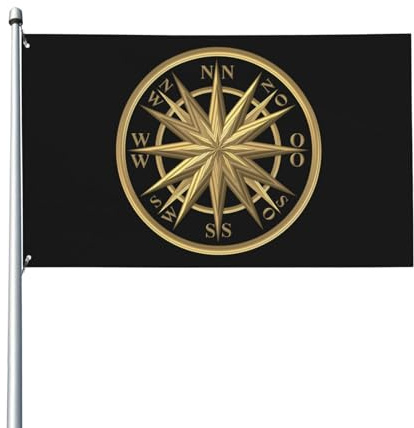 Bandiera da volante, 150 x 90 cm, con bussola dorata, rosa dei venti per casa, prato, decorazione per cortile, bandierine di benvenuto con 2 occhielli in metallo, per uso interno ed esterno