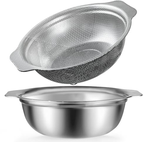 POPGRADE Colander With Handle, 5QT Microporous Colander for Kitchen,Stainless Steel Strainer with Mixing Bowl,Rice Strainer,Pasta Strainer,Great for Draining & Washing Vegetables, Fruits(2PCs)