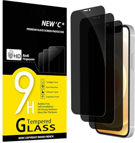 NEW'C Lot de 3, Verre Trempé Anti-Espion pour iPhone 12 Mini (5,4 Pouces), Angle de Confidentialité 35 Degrés Équilibré avec Protection des Yeux, Dureté Ultra-Résistante 9H, Sans Bulles