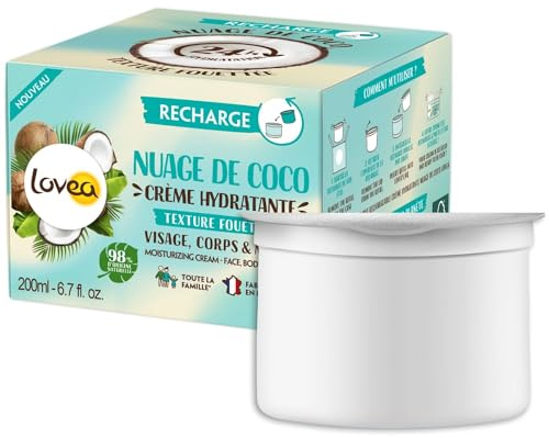 LOVEA - Nuage de Coco - Recharge Crème Hydratante Multi-Usages - Visage, Corps & Mains - Hydrate 24h - Pour Toute la Famille - Dès 3 Ans - 99% d'Origine Naturelle - Vegan - Fabriqué en France - 200 ml