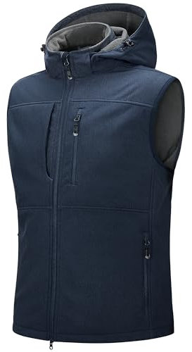 33,000ft Men‘s Softshell Gilet Waterproof Activewear Vests Windproof Fleece Lined Gilets with Hood Sleeveless Softshell Jacket for Hiking, Golf, Travelling,Safari Dark Blue Heather XL