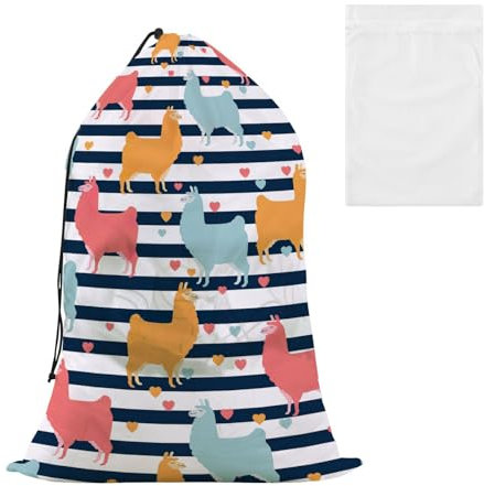Wäschesack mit niedlichem Lama-Streifen, für Camping, mit Netz-Wäschesack, Set für Studentenwohnheim oder Reisen, Kordelzug-Verschluss, Wäschesammler