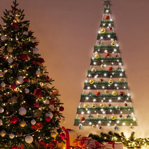Soaoo Weihnachtsbäume, beleuchtet, Wanddekoration, Leiter, Stern, Holz, handgefertigt, mit Metallhaken, rustikal, flach, hängend, Weihnachten, für den Innenbereich (80 x 180 cm, braun)