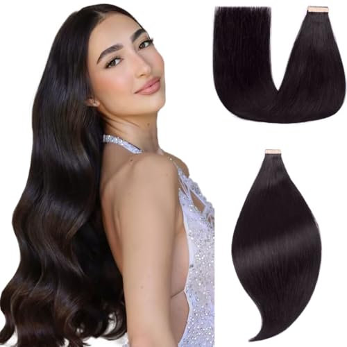 EINbeauty Tape Extensions Echthaar 20pcs Extensions Echthaar 60cm 50g Natürliches Schwarz Tape In Extensions Echthaar Invisible Echthaar Extensions Tape Glatt Haarverlängerung Für Frauen(24inch,1B#)