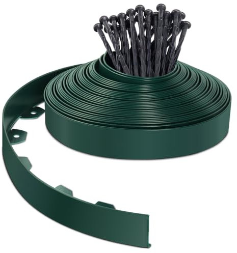 VOUNOT® Bordure de Jardin en Plastique 20 mètres avec 40 Piquets d'ancrage Bordurette de Pelouse Flexible Bordure de Gazon avec piquets Solides Idée de Jardin Hauteur 50mm Vert