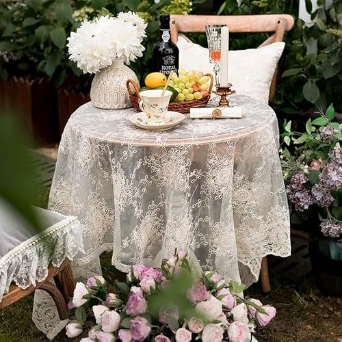 Yaland Elegante Landhausstil Tischdecke mit Blumenstickerei aus Baumwollspitze Spitzentischläufer Kuchenstandstaubschutz Tischwäsche Tischtuch 1 Stück Beige LxB 130x90cm