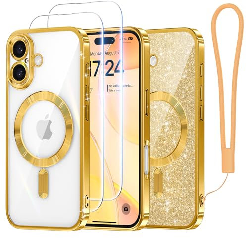 Meifigno Candy Series Case Designed for iPhone 16, [Compatible with MagSafe] [2X Screen Protectors] [Glitter Card & Wrist Strap] Full Camera Protection Designed for iPhone 16 Case, Gold