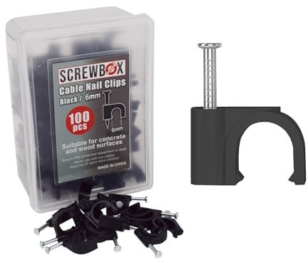 SCREWBOX® Cable Nail Clips, 6 mm 100 Pcs Nail-In Clips, Strong Durable Black Round Cable Tacks, Wall Wire Tidy Holder Pins, for wood | concrete | plasterboard
