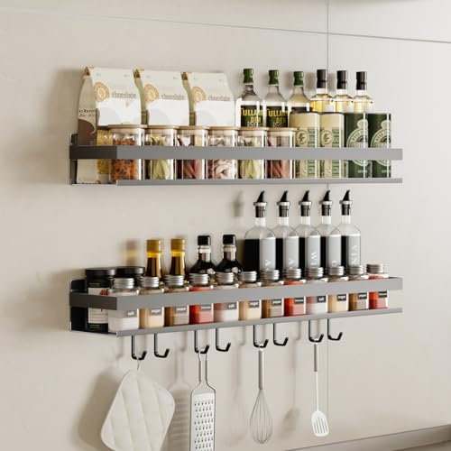 devesanter Gewürzregal Wand,2er Set mit 8 Haken,ohne BohrenGewürzregal Hängend,Küchenregal für Gewürze,küchenutensilienhalter,Wandmontage gewürzregal schranktür für Küche,（Grau,60 cm）