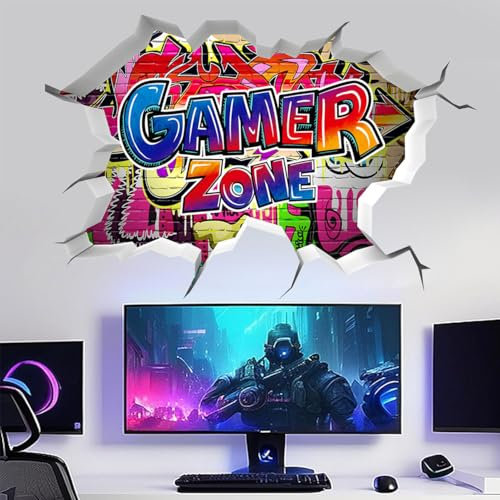 SanKristo 3D Gamer Autocollant Mural, Gamer Zone Mur cassé Joueur de Jeux Décoration Murales Stickers Gamer, Deco Gaming Papier Peint Autocollant pour Salle de Jeux Art Mural pour Enfants, Style A