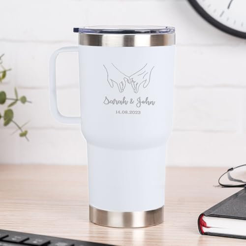 Wanapix | Tazza Termica a Doppio Strato | Capacità 600 ml | Colore Bianco | Mantiene il Freddo e il Caldo per ore | Personalizzabile con l'incisione di nomi| Regalo di San Valentino | Holding hands