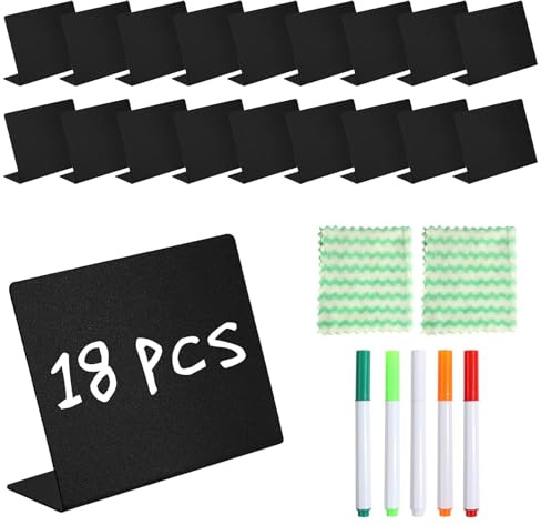 18 Kleine Kreidetafeln zum Beschriften,Mini Preisschilder Aufsteller,L-Tischschilder Buffet Schilder zum Beschriften Gastronomie Abwischbar für Nachrichtenschilder Hochzeit Party + 5 Stift,2 Tüchern