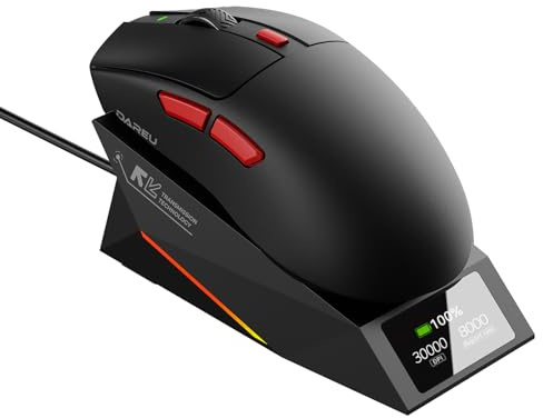 DAREU AE6 Pro Wireless RGB Gaming Mouse mit Anzeige Magnetic Charging Base - Custom PAW3950 Sensor mit 30K DPI, 750 IPS, Dual 8K Polling, Finely Structured, Sweat-Absorbing Surface,59 g - Schwarz
