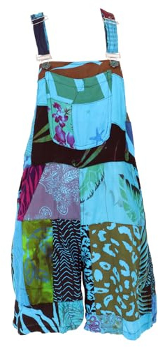 GURU SHOP Goa Shorts, Kurze Patchwork Latzhose, Upcycling Boho Latzhose - Blau, Damen, Size:XL