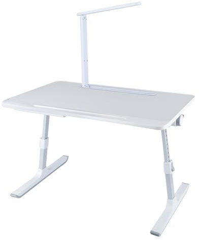 Support Ordinateur Portable Lit, Table de Lit avec Refroidisseur PC Portable, Support pour Tablette, Lapdesk Pliable,Réglable en Hauteur et Angle-60 * 40 * 27-40cm (Lampe de Table) Blanc