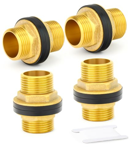ERGAOBOY 4 Piezas de Conector de Tanque de Agua de pasamuros de latón, Racor Macho roscado de 1/2 BSP con 2 Anillos de Goma para barriles de Lluvia, acuarios y cubetas