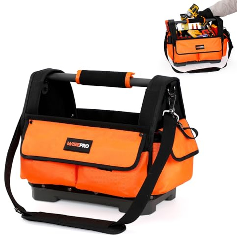 WISEPRO 15 Inch Tool Tote, Open Top Tool Bag with Waterproof Hard Bottom, Steel Handle and Removable Shoulder Strap, Electrician Tote Bag for Easy Access Storage and Organization