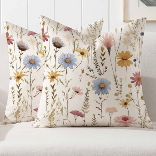 Kiatuniya Kissenbezug 40x40 Frühling Rosa Blau Blumen Bunt Kissen Sofakissen Kissenhülle Outdoor Blume Dekorative Kissenbezüge Kopfkissenbezug für Sofa Couch Wohnzimmer Garten Deko 2er Set