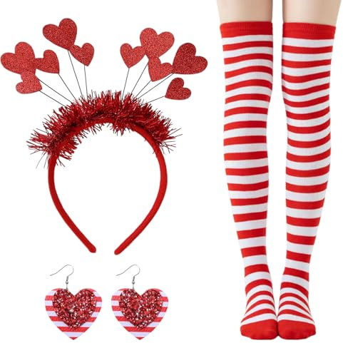 ZenithAura 3 Stück Karneval Kostüm Köln Herz Haarreif Karneval Rot Weiss, Strümpfe, Herz Brille, Ohrringe für Kölner Rot Weiss Karneval Damen, Kölle Faschingskostüme
