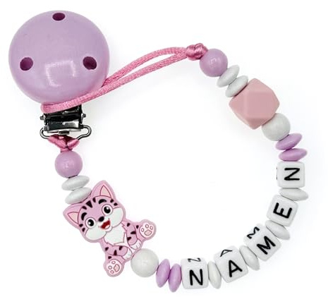 Nuckelkette mit ihren Wunschnamen KATZE in verschiedenen Farben und Motiven/Unisex/Personalisiert (Rosa Weiß)