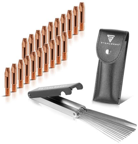 STAHLWERK MIG/MAG Stromdüsen-Set mit 20 Stück Kontaktdüsen M6x28 in 0,9 mm | Mit 13-in-1 Düsenreiniger im Etui, hochwertiges Schweißzubehör für AK25/MB25/KD24/MB24-Schweißbrenner