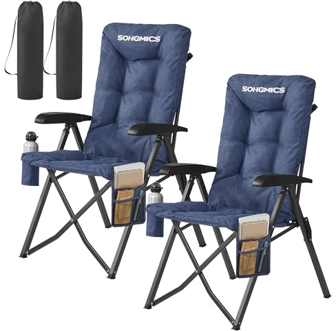 SONGMICS Set of 2 Camping Chairs for Adults, 95°-150° Reclining, 6 cm Thick Padded Folding Garden Chairs, Adjustable High Back, Cup Holder, Side Pocket, Carry Strap Bag, Blue GCB016QZ01-2J