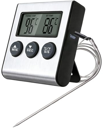 Snugloo Termómetro Digital para Carne con Pantalla LCD para Horno, Ahumador | Sonda Resistente de Acero Inoxidable, Temporizador Integrado, Ideal para Cocinar Carne en Parrilla, Barbacoa