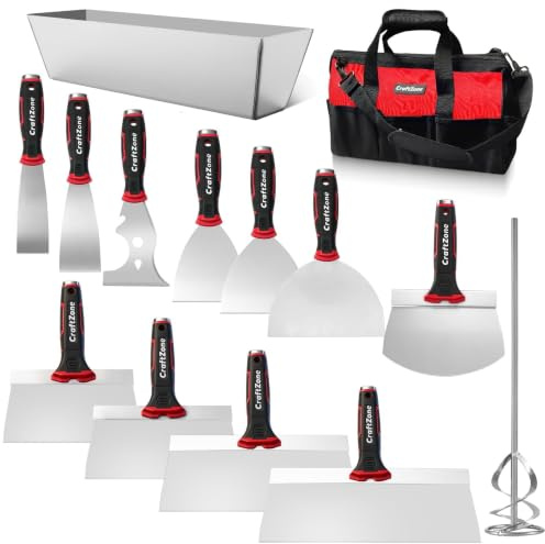 14Pcs Drywall Knife Set Drywall Patch Kit Included Putty Knives Taping Knives Painter Scraper Bucket Scoop Mud Pan Paint Scraper Mud Mixer & Tool Bag