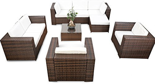XXL Loungemöbel Eckset Rattan erweiterbar - Polyrattan Lounge Sofa Eck Set - braun-mix - Gartenmöbel XXL Lounge Möbel Set Rattan inkl. Lounge Sofa + Ecke + Lounge Sessel + Hocker + Tisch + Kissen