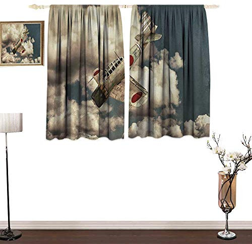 Genhequnan Airplane, Blackout Window Curtain 2 Panel, Akutan Zero War Plane Flying Between Clouds Old Military Model Aviation Paint, for Living Room, W55 x L72 Inches, Cream Blue Red