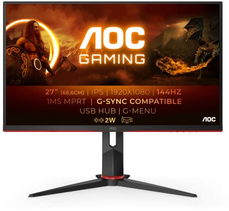 AOC Gaming 27G2U - Monitor FHD da 27 pollici, 144Hz, 1ms, IPS, AMD FreeSync, regolazione altezza, altoparlanti, hub USB, (1920x1080 a 144 Hz 250 cd/m², HDMI/DP/VGA/USB 3.0)