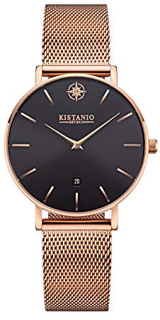 Kistanio Petit Damenuhr mit Milanaiseband Datum Edelstahl Rose Schwarz Saphirglas RG-BLKS-M