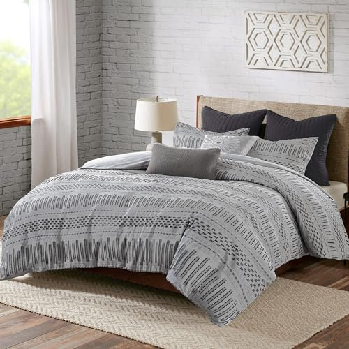 INK+IVY Rhea Bettwäsche-Set aus 100% Baumwolle, Mitte des Jahrhunderts, modernes Boho-Design, alle Jahreszeiten, passende Kissenbezüge, King-Size-Bett, geometrisches Clip-Jacquard-Grau, 3-teilig